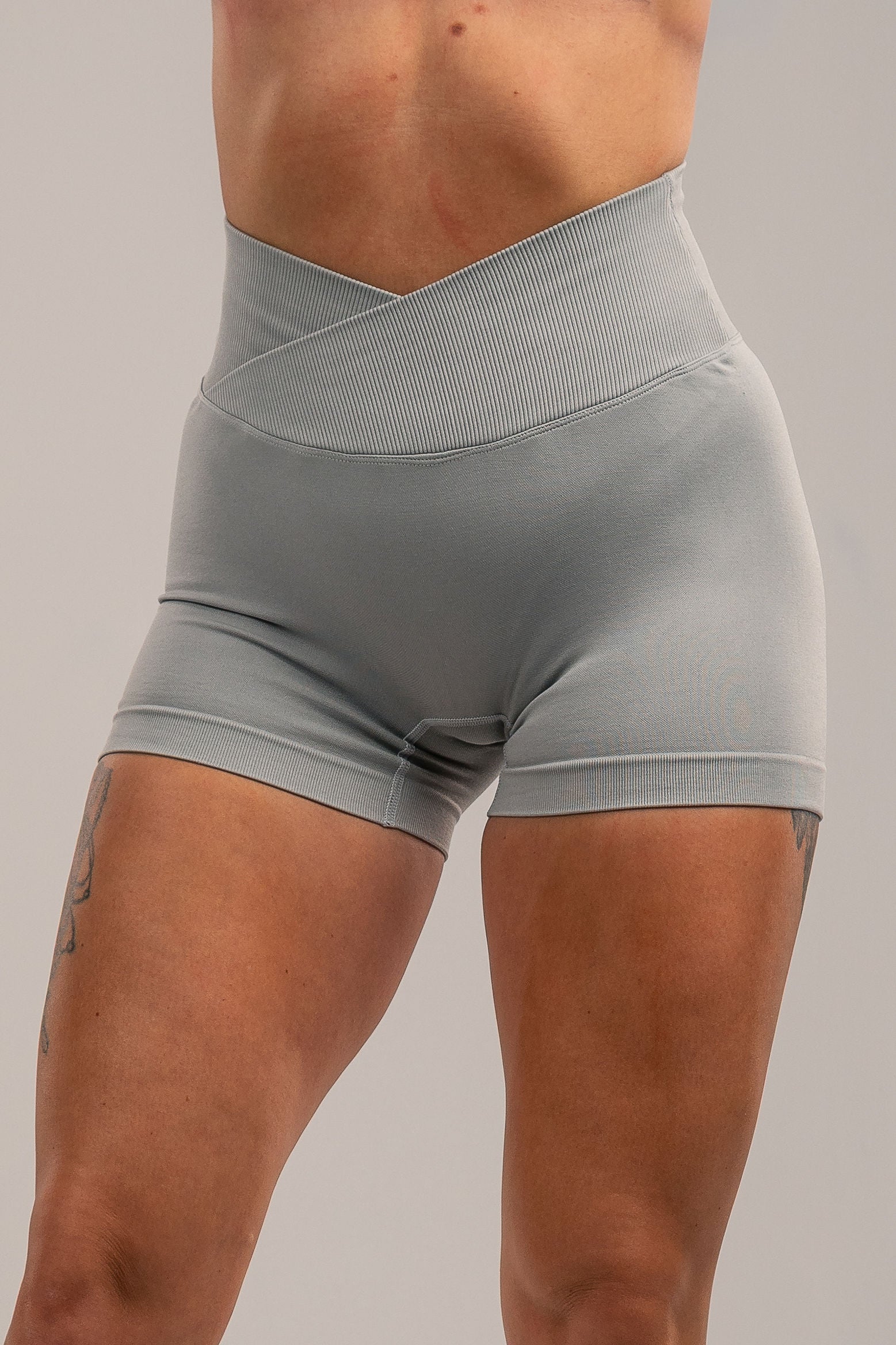 High-Waist Grey Biker Shorts , scrunch bum feature