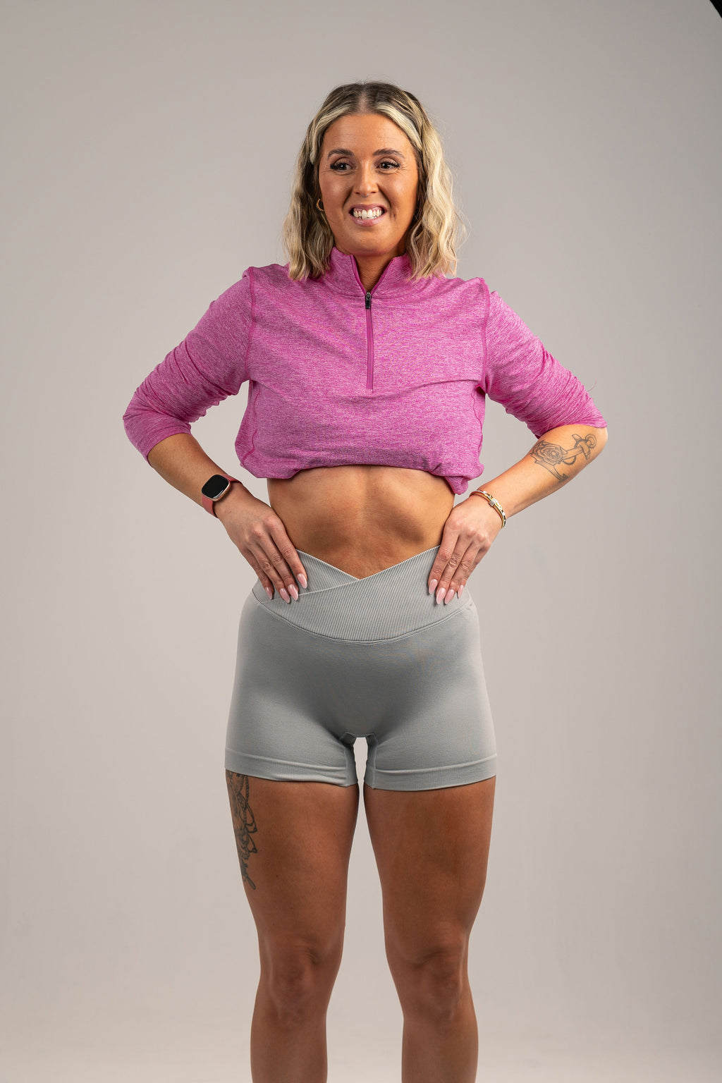 High-Waist Grey Biker Shorts , scrunch bum feature