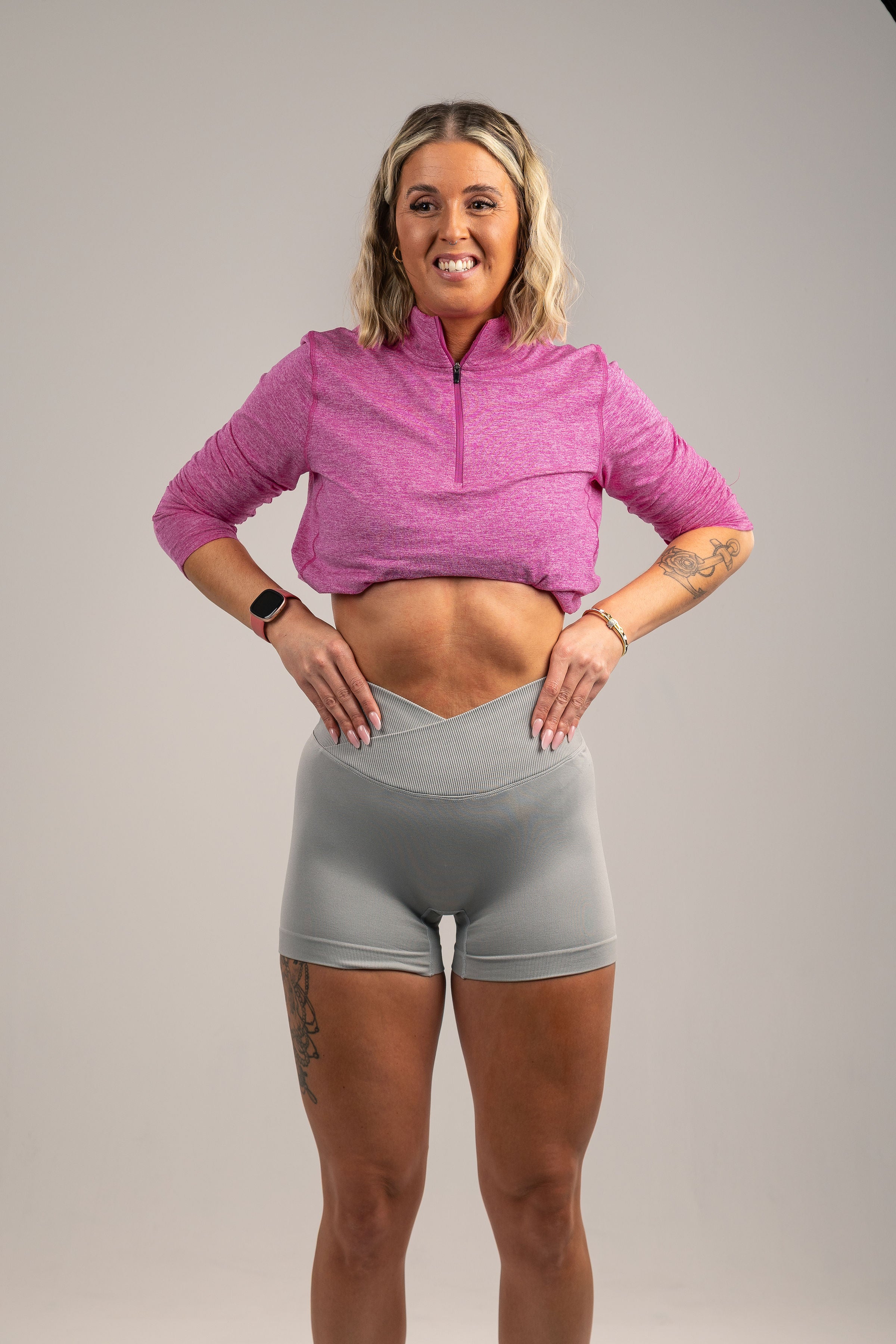High-Waist Grey Biker Shorts , scrunch bum feature