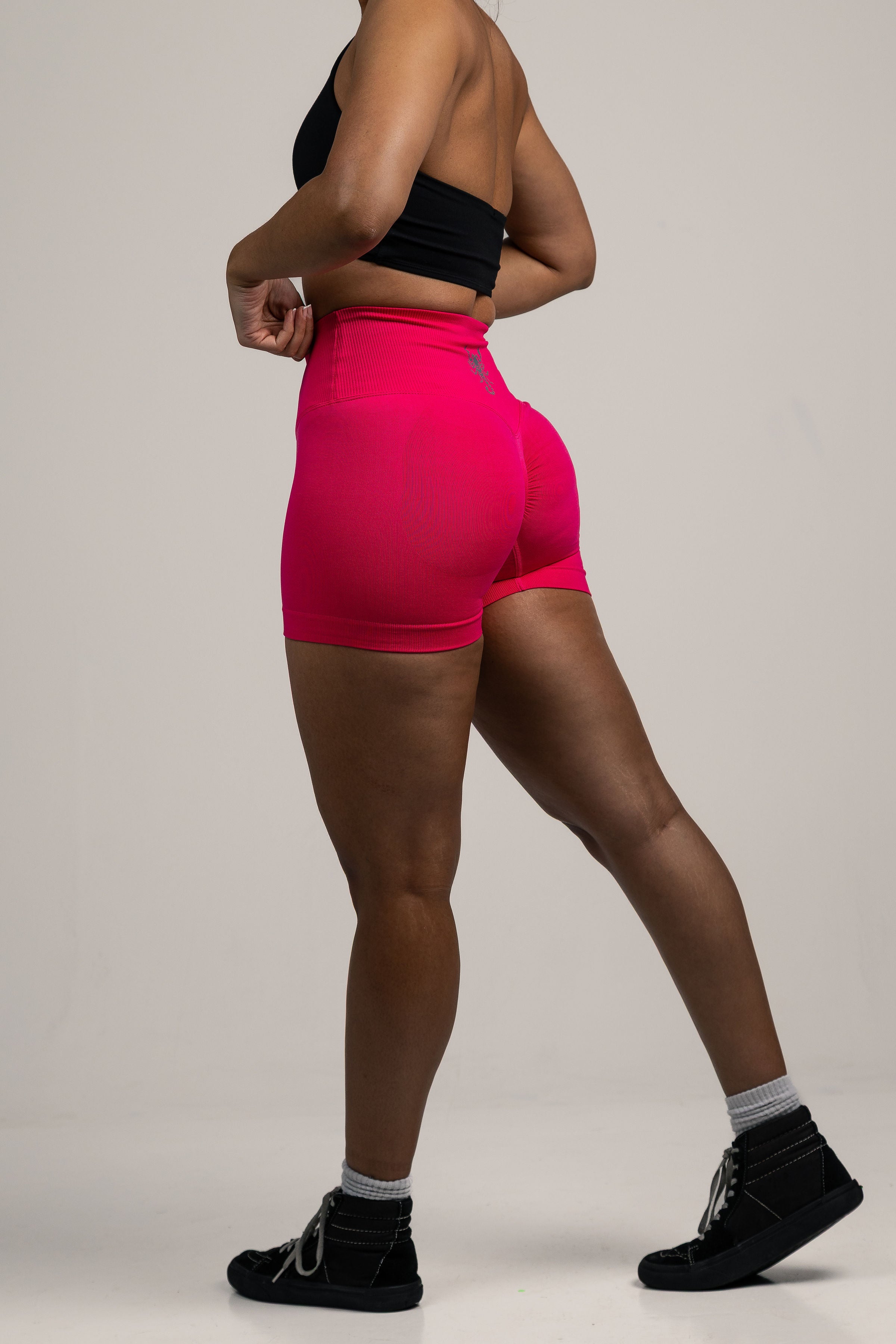 High-Waist Bright Red Biker Shorts , scrunch bum feature