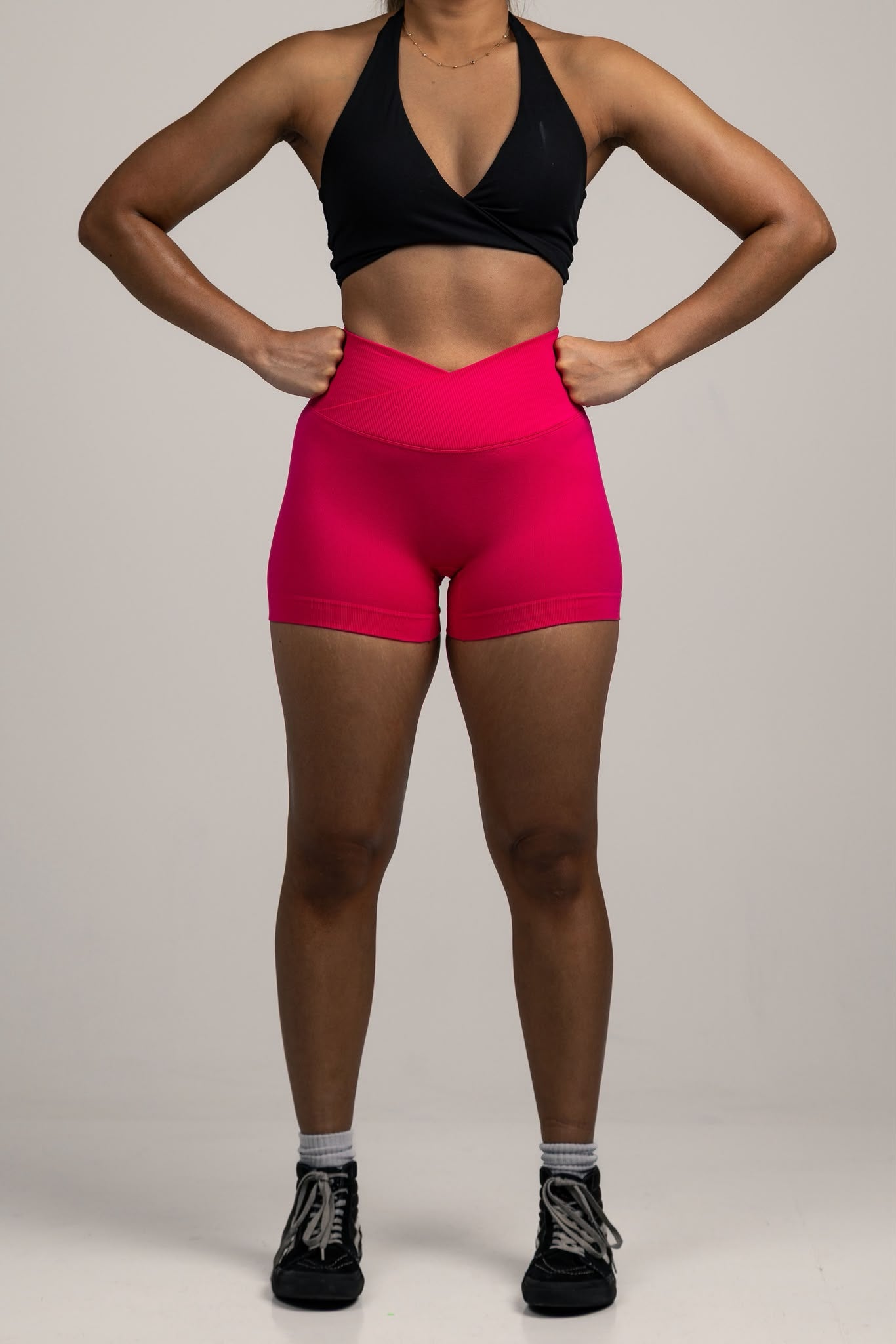 High-Waist Bright Red Biker Shorts , scrunch bum feature