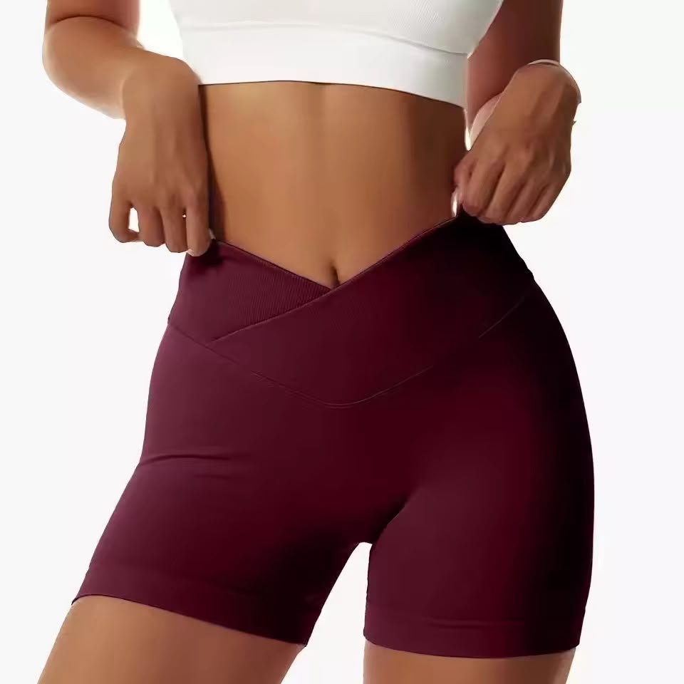 Yellow Scorpion high-waist dark red biker shorts, scrunch bum feature